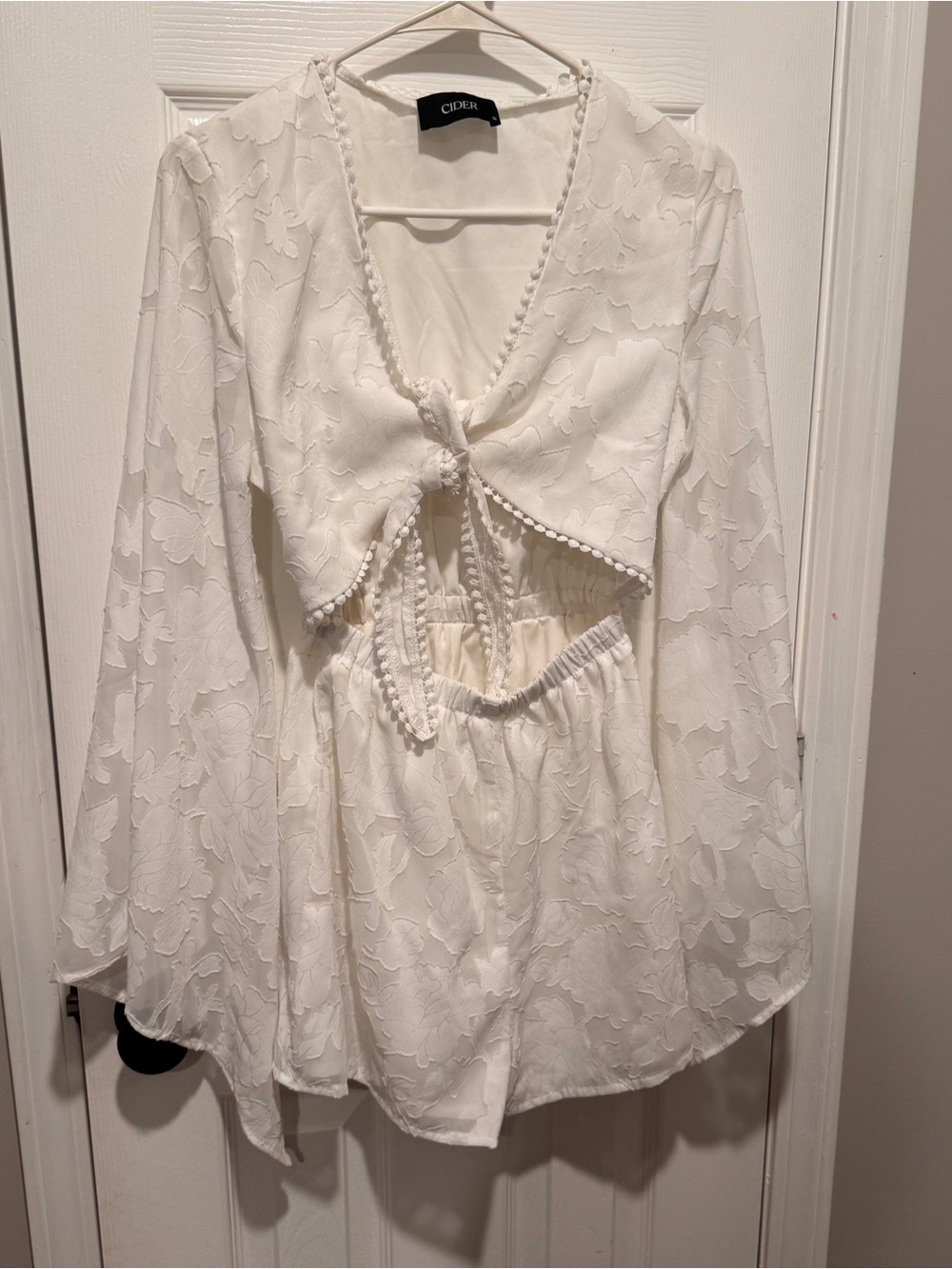 Cider White Floral Jacquard Romper Small Bell Sleeve Cutout Tie Front Boho